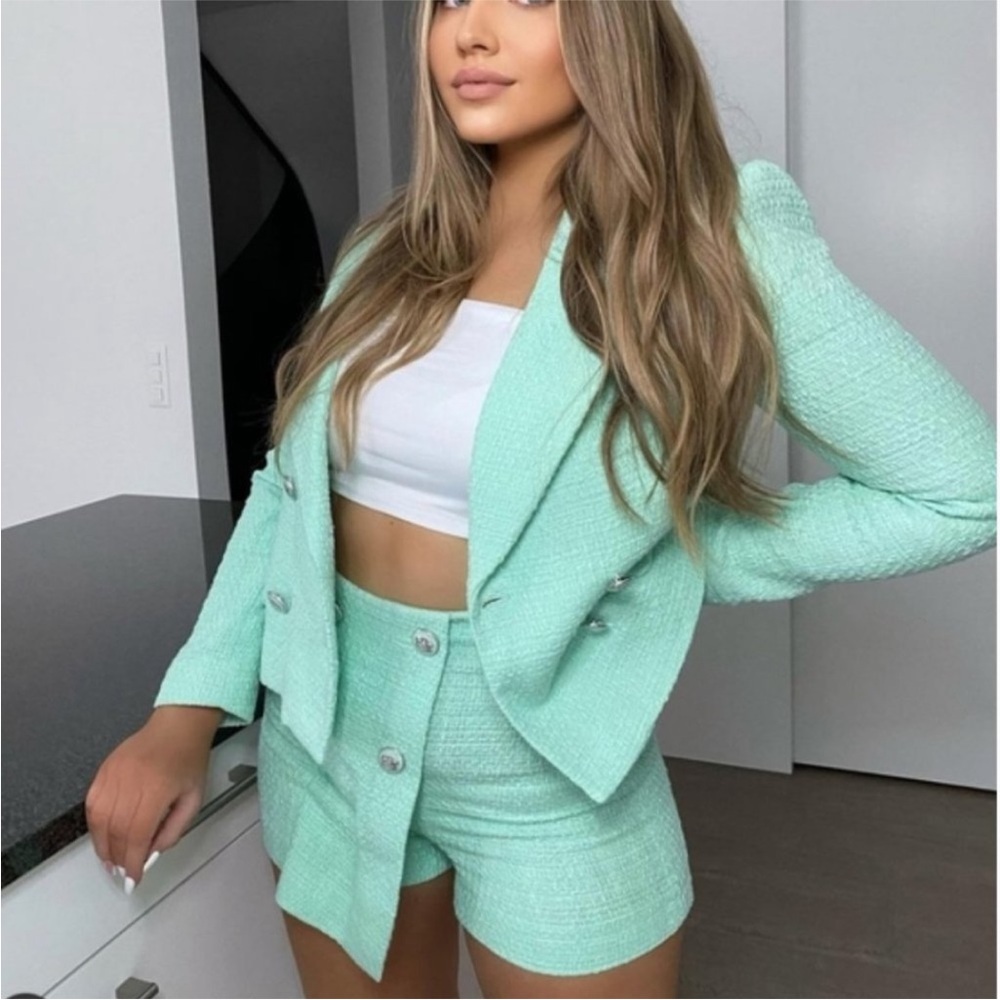 Zara Mint Green / Blue Tweed Blazer and Skort Set